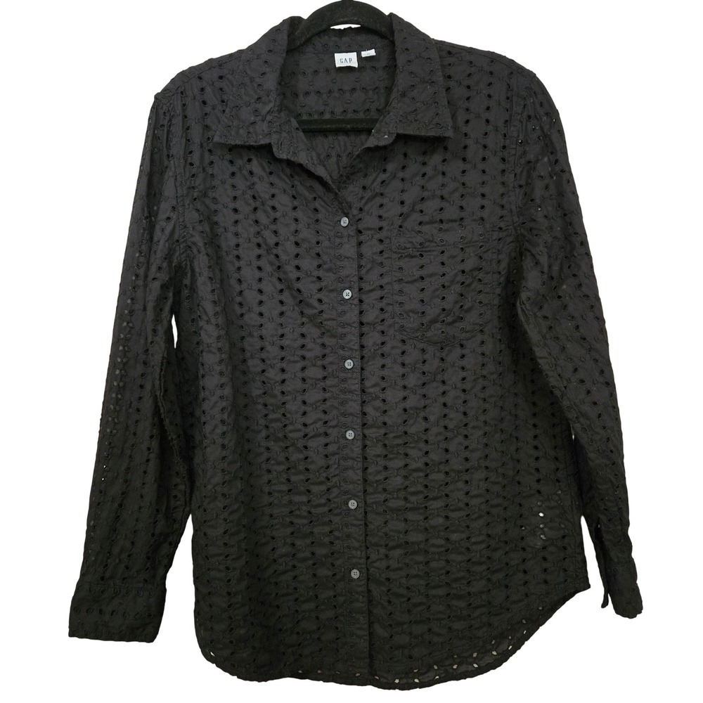 Gap Whimsygoth Chic Black Eyelet Cotton Button Down Long Sleeve Shirt Women's M